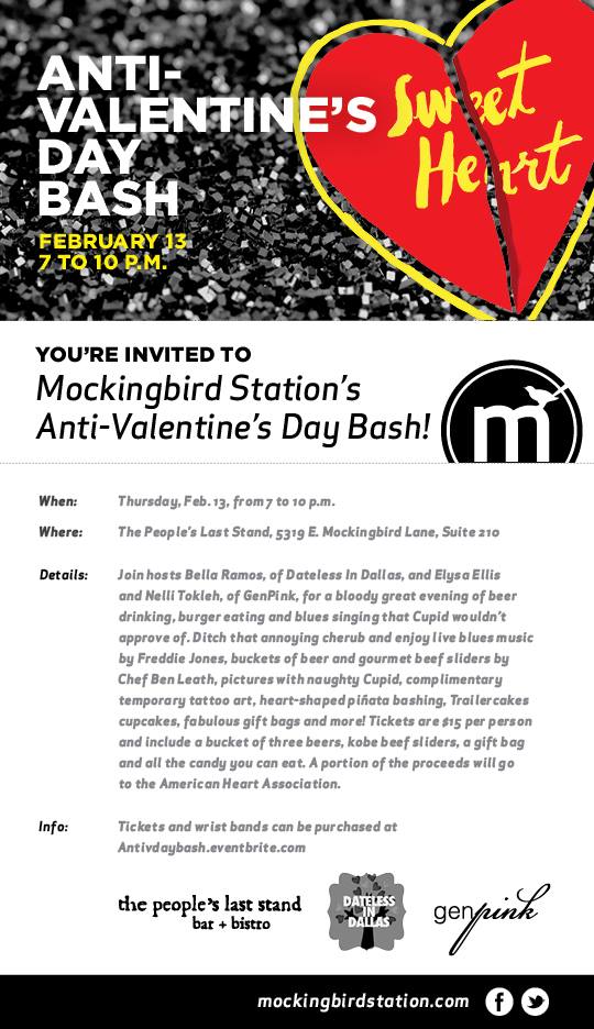 anti vday flier for mockingbird station party in Dallas!