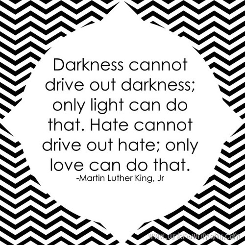Darkness cannot drive out darkness; only light can do that. Hate cannot drive out hate; only love can do that. ~ MLK, Jr.